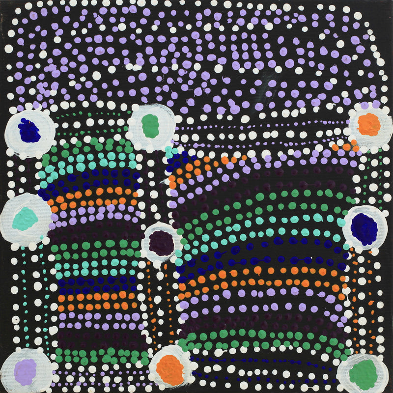 Aboriginal Artwork by Sheree Napurrurla Wayne, Lukarrara Jukurrpa (Desert Fringe-rush Seed Dreaming), 30x30cm