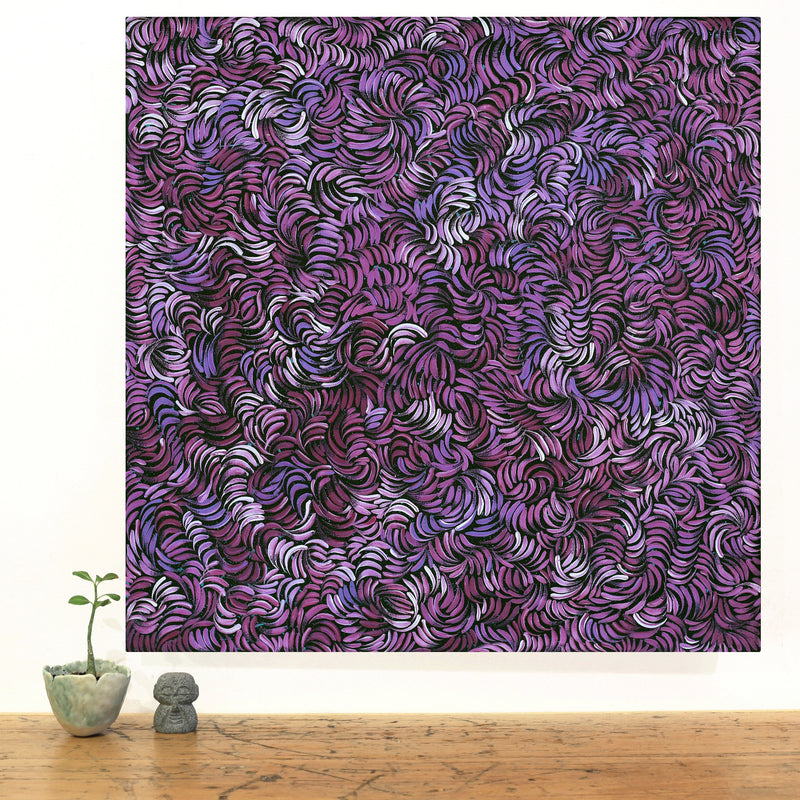Aboriginal Artwork by Shonelle Napurrurla Stafford, Lukarrara Jukurrpa (Desert Fringe-rush Seed Dreaming), 61x61cm