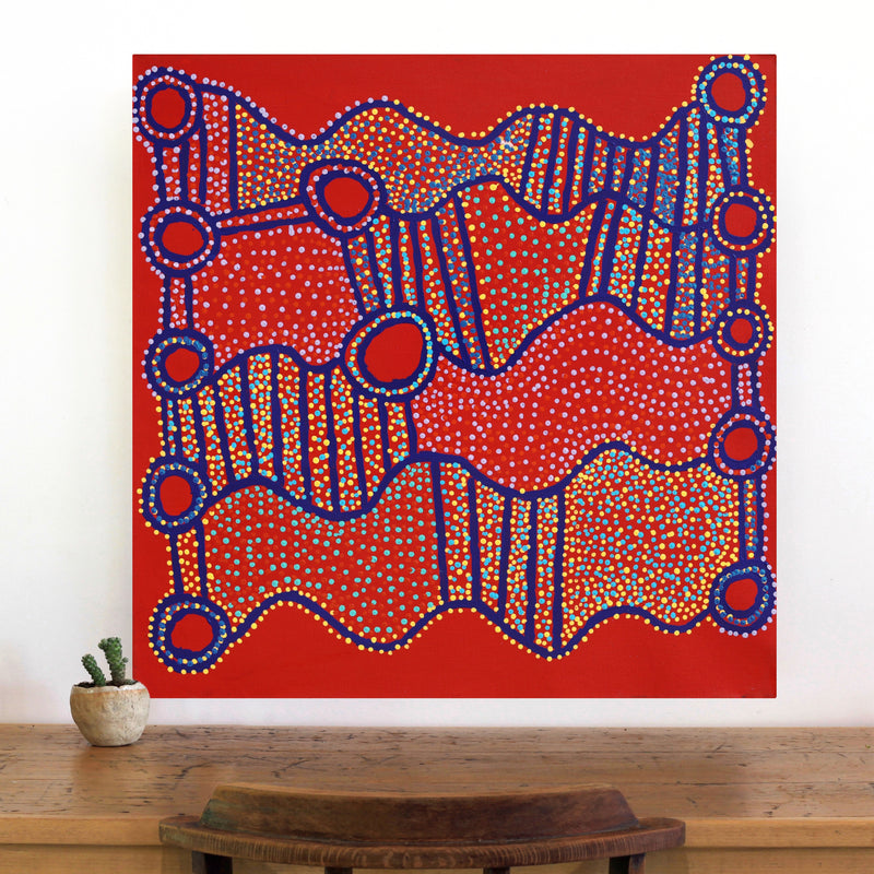 Aboriginal Artwork by Shorty Jangala Robertson, Ngapa Jukurrpa (Water Dreaming) - Puyurru, 76x76cm