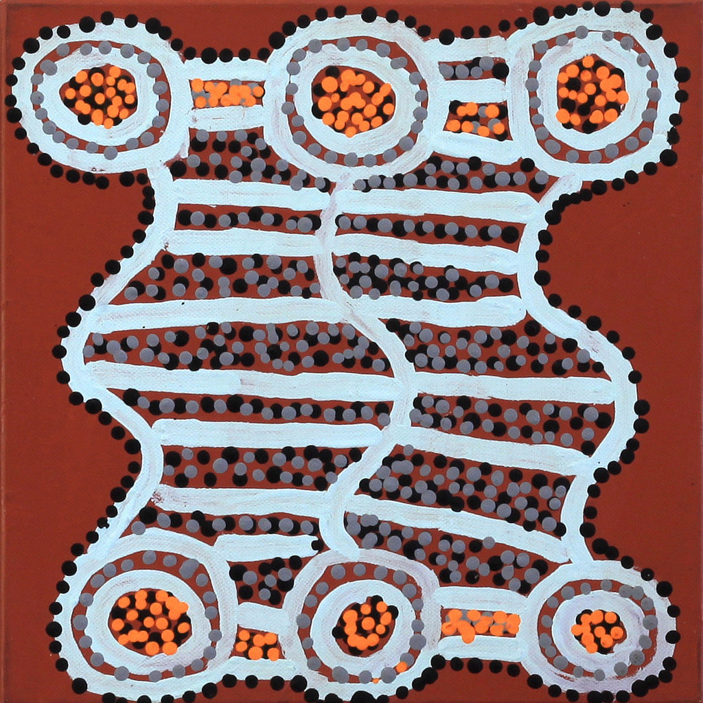 Aboriginal Artwork by Shorty Jangala Robertson, Ngapa Jukurrpa (Water Dreaming) - Puyurru, 30.5x30.5cm
