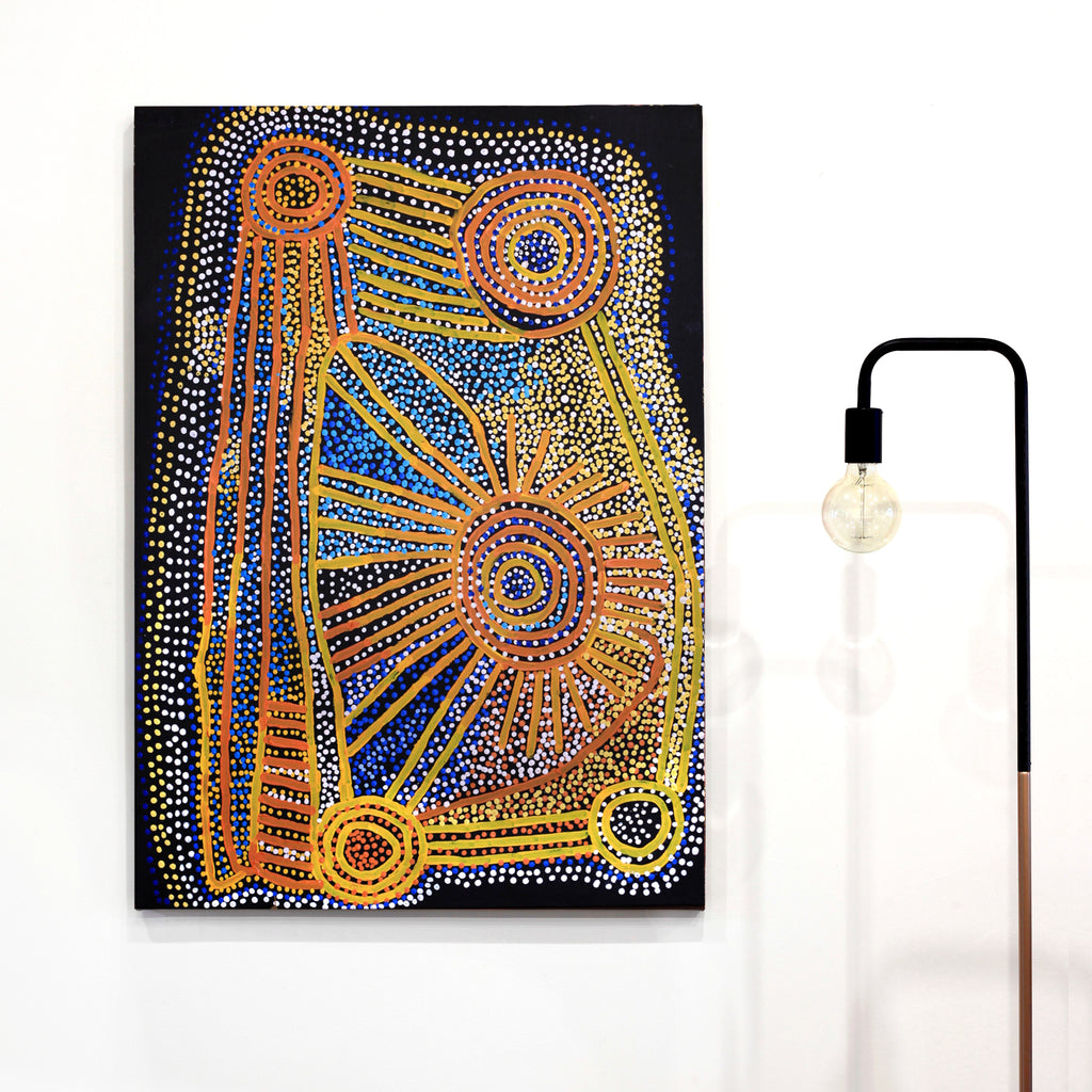 Aboriginal Artwork by Shorty Jangala Robertson, Ngapa Jukurrpa (Water Dreaming) - Puyurru, 107x76cm