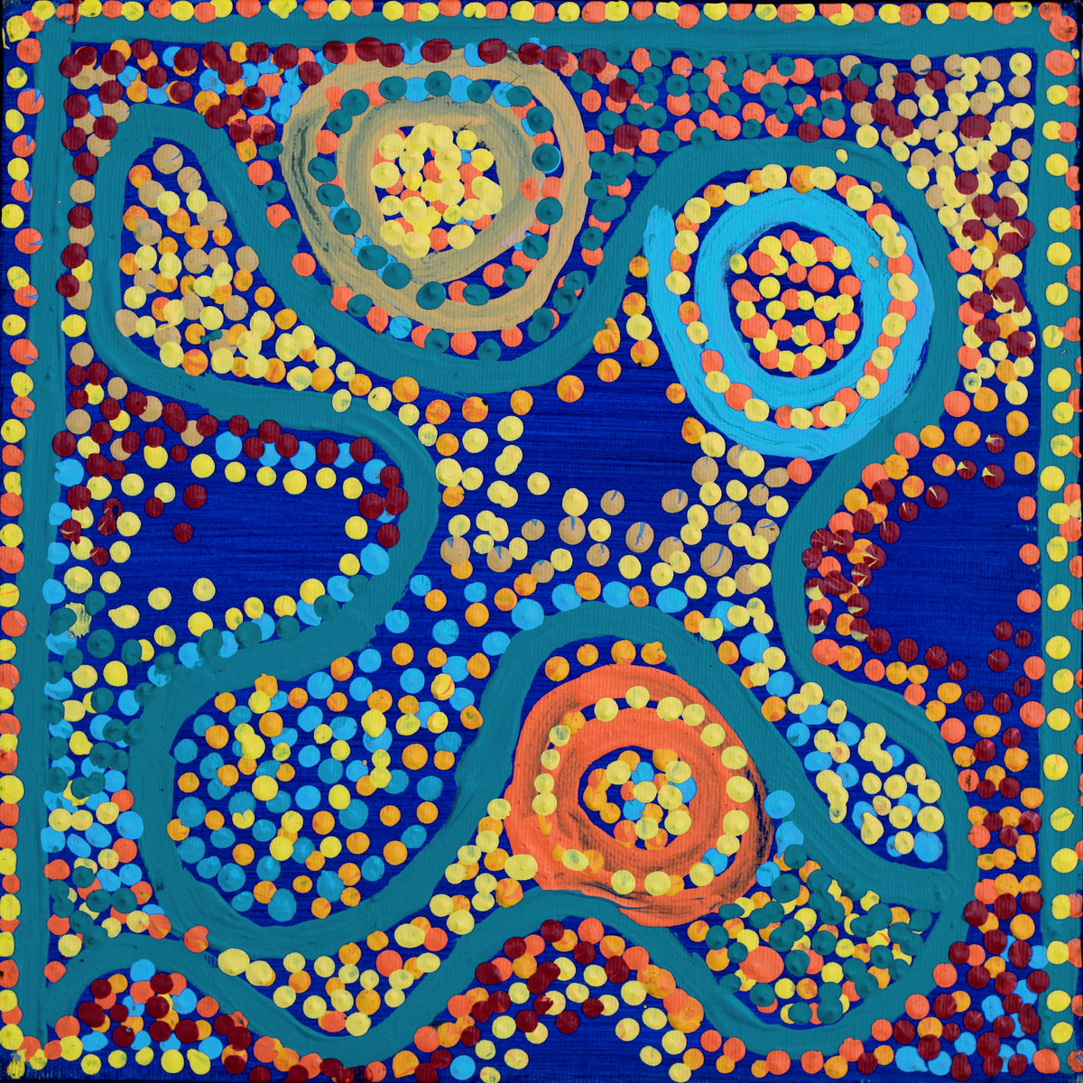 Aboriginal Artwork by Shorty Jangala Robertson, Ngapa Jukurrpa (Water Dreaming) - Puyurru, 30x30cm
