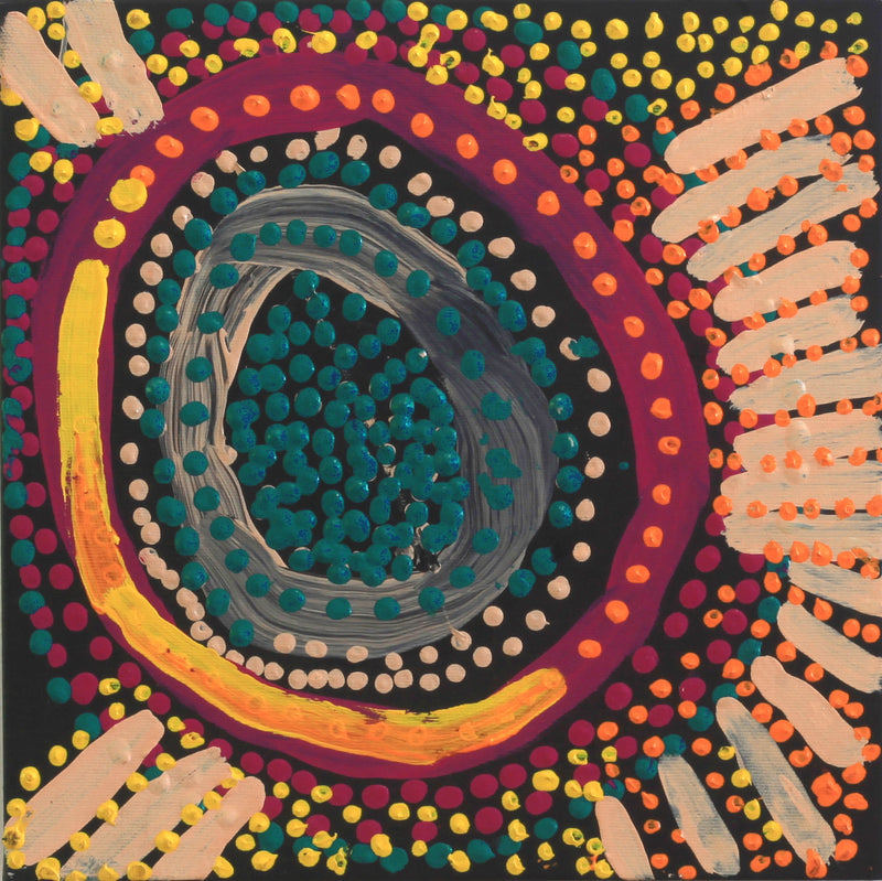 Aboriginal Artwork by Shorty Jangala Robertson, Ngapa Jukurrpa (Water Dreaming) - Puyurru, 30x30cm