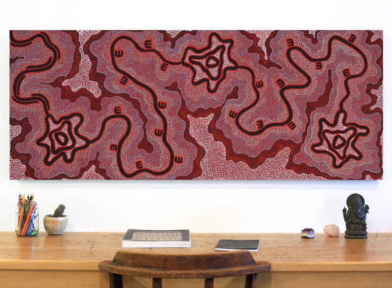 Aboriginal Artwork by Stephanie Napurrurla Nelson, Janganpa Jukurrpa (Brush-tail Possum Dreaming) - Mawurrji, 152x61cm