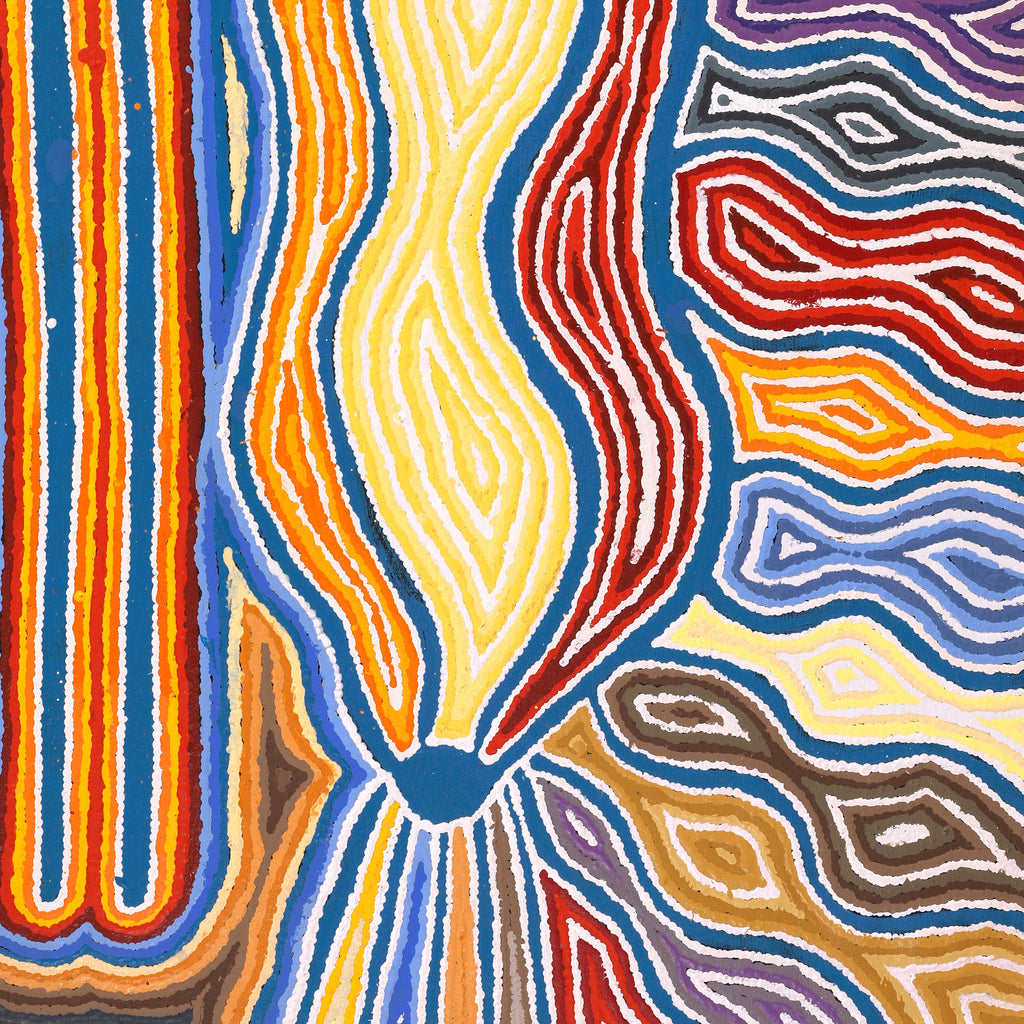 Aboriginal Art by Stephen Jakamarra Walker, Pirlarla Jukurrpa (Dogwood Tree Bean Dreaming), 107x76cm - ART ARK®