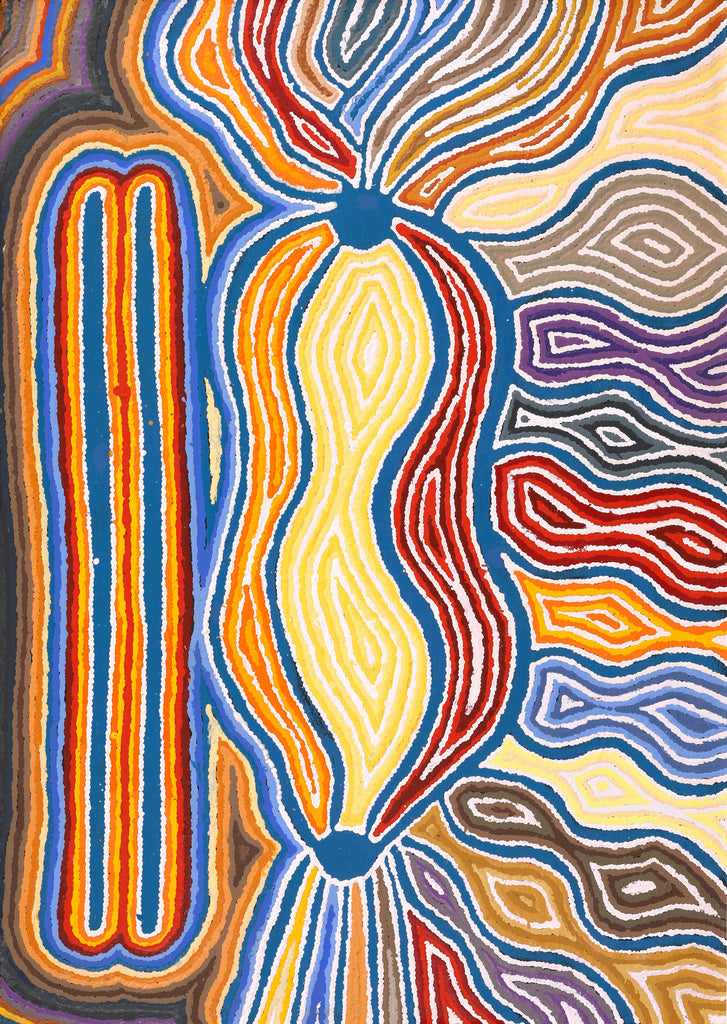 Aboriginal Art by Stephen Jakamarra Walker, Pirlarla Jukurrpa (Dogwood Tree Bean Dreaming), 107x76cm - ART ARK®