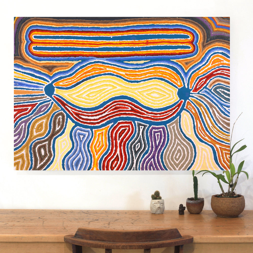 Aboriginal Art by Stephen Jakamarra Walker, Pirlarla Jukurrpa (Dogwood Tree Bean Dreaming), 107x76cm - ART ARK®