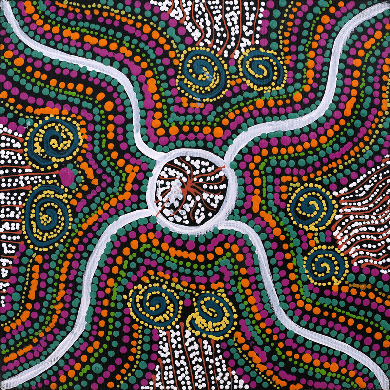 Aboriginal Artwork by Stewart Jupurrurla Kelly, Ngapa Jukurrpa (Water Dreaming) - Wapurtali, 30x30cm