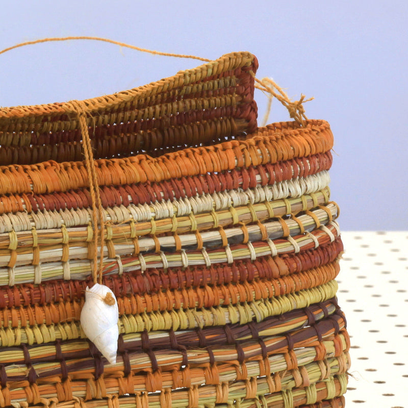 Aboriginal Artwork by Susan Marrkula Lalamurrmauwuy, Gapuwiyak - Woven Bag (22x12cm)