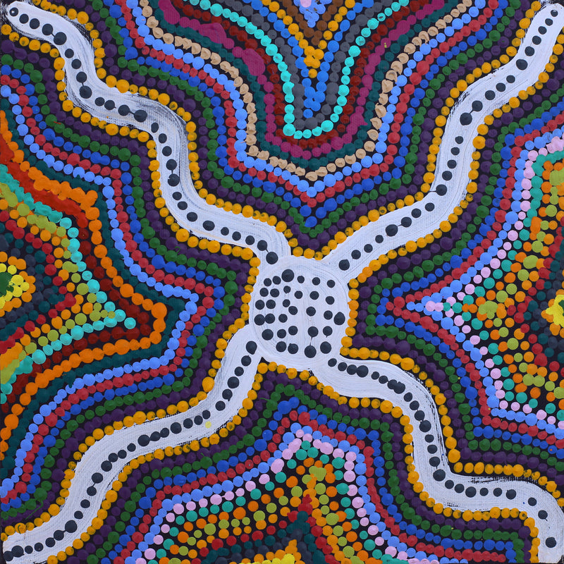 Aboriginal Artwork by Tasha Nampijinpa Collins, Ngapa Jukurrpa (Water Dreaming) - Puyurru, 30x30cm