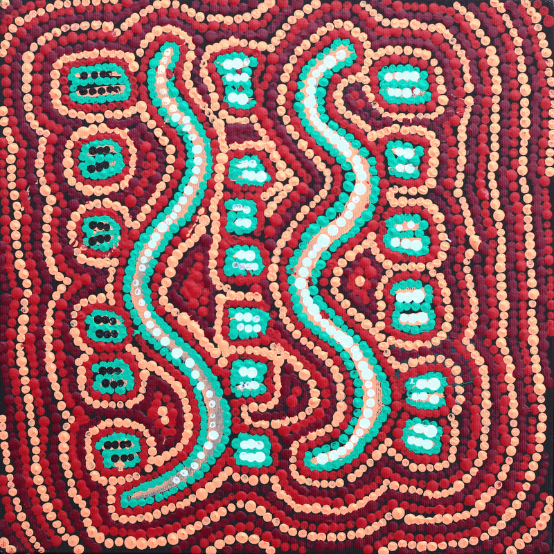Aboriginal Artwork by Tasha Nampijinpa Collins, Ngapa Jukurrpa (Water Dreaming) - Puyurru, 30x30cm