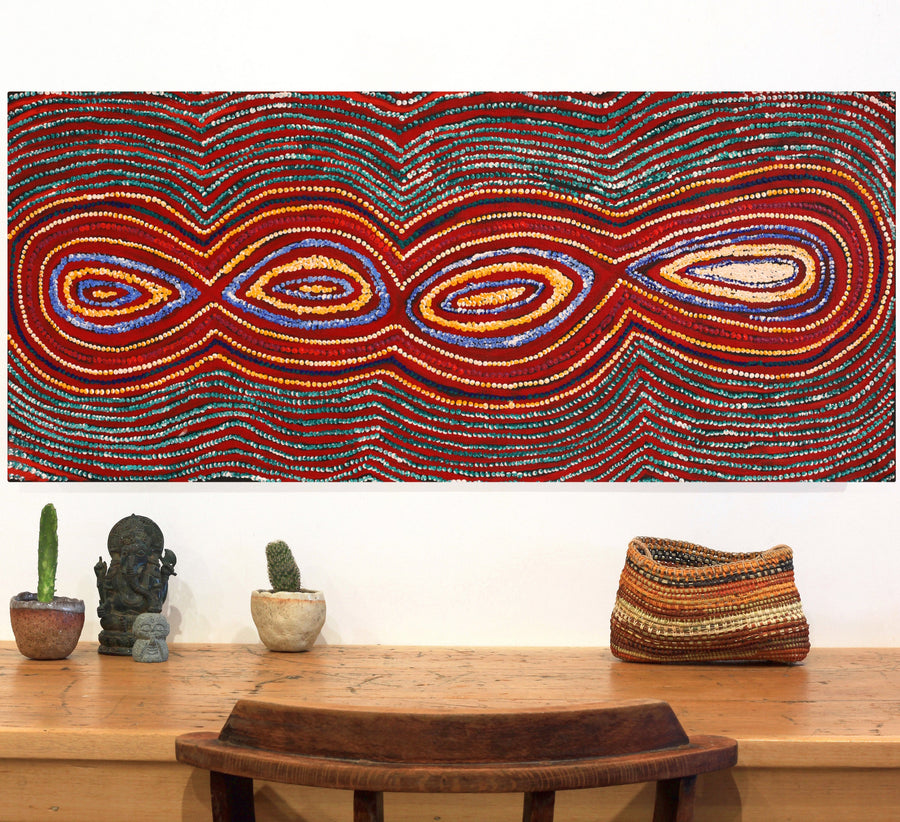 Aboriginal Artwork by Tess Napaljarri Ross, Wanakiji Jukurrpa (Bush Tomato Dreaming), 107x46cm