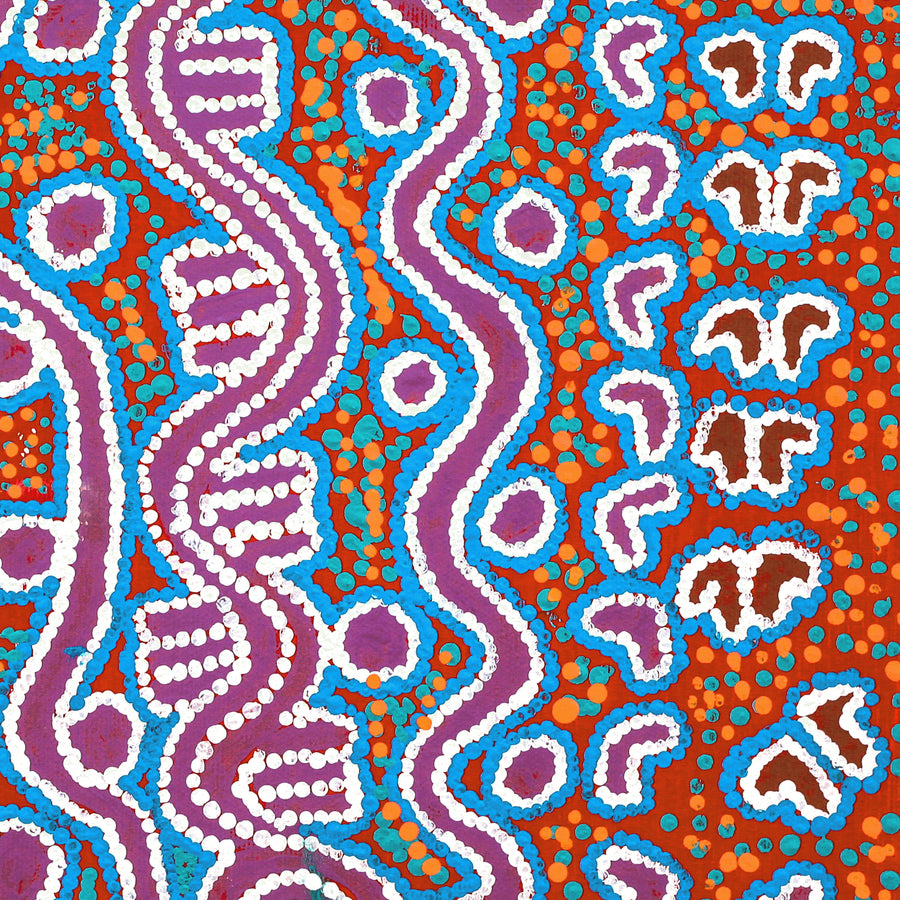 Aboriginal Artwork by Thomas Jangala Rice, Ngapa Jukurrpa (Water Dreaming) - Puyurru, 30x30cm