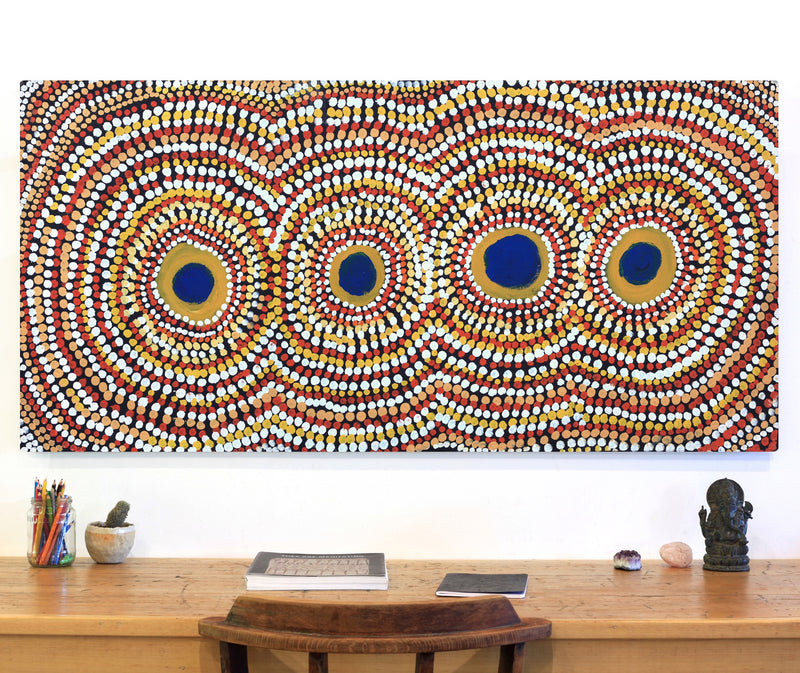 Aboriginal Artwork by Tilly Napaltjarri, Dog Tjukurrpa, 155x76cm