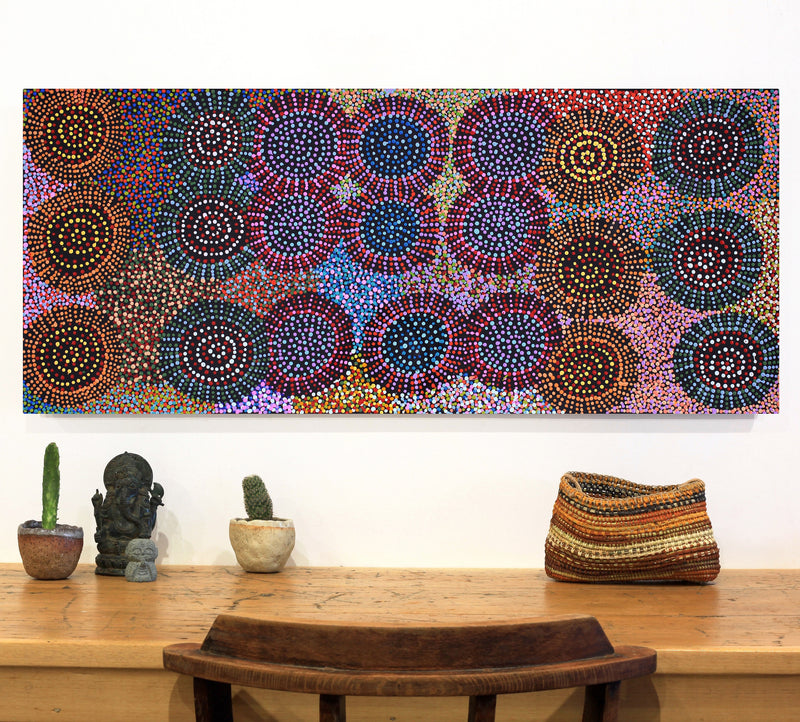 Aboriginal Artwork by Tina Napangardi Martin, Jinti-parnta Jukurrpa, 107x46cm