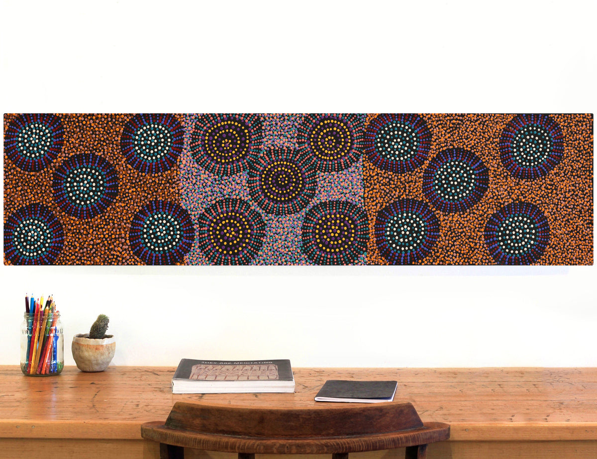 Aboriginal Art by Tina Napangardi Martin, Jintiparnta Jukurrpa (Desert Truffle Dreaming) - Mina Mina, 122x30cm - ART ARK®