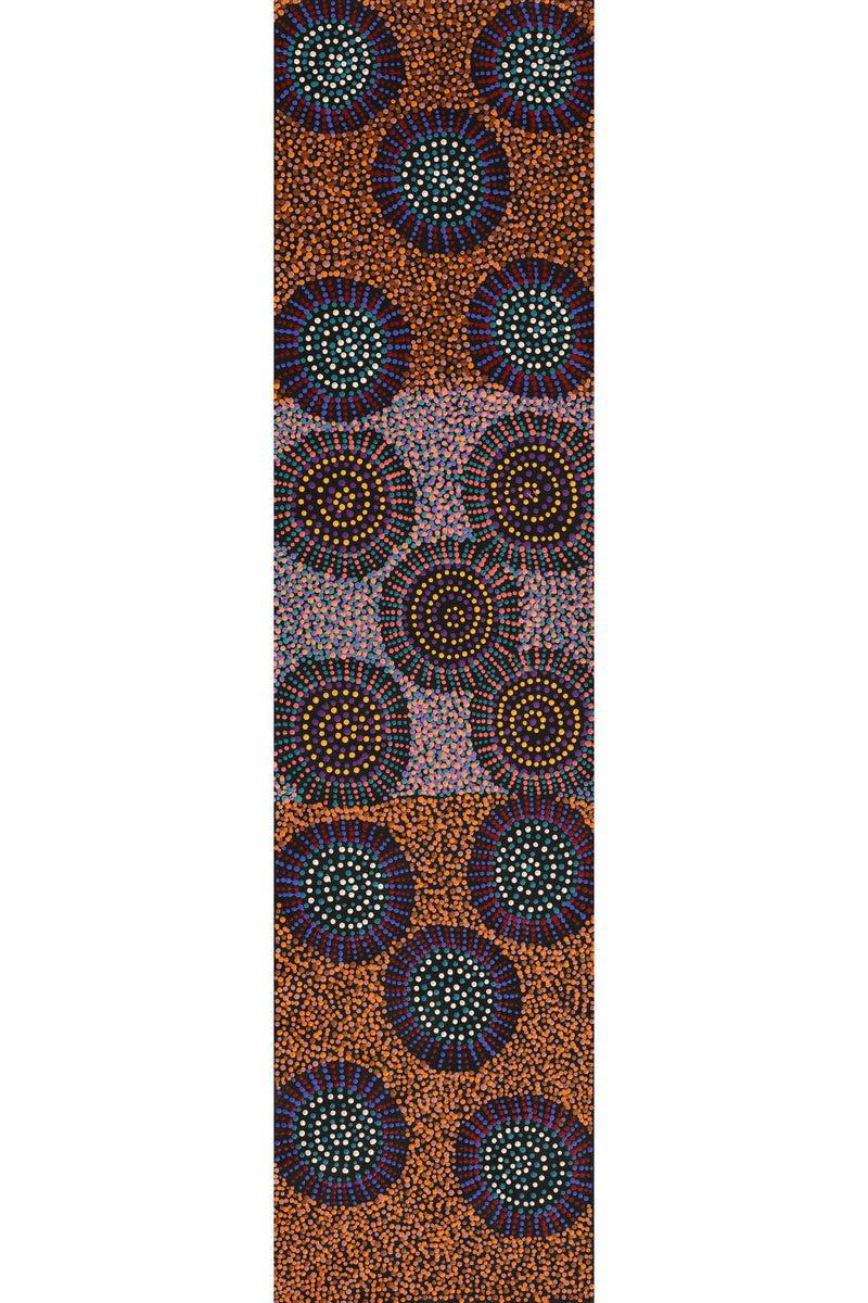 Aboriginal Art by Tina Napangardi Martin, Jintiparnta Jukurrpa (Desert Truffle Dreaming) - Mina Mina, 122x30cm - ART ARK®