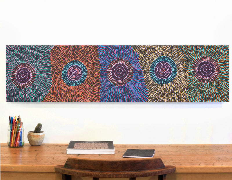 Aboriginal Artwork by Tina Napangardi Martin, Jinti-parnta Jukurrpa, 122x30cm