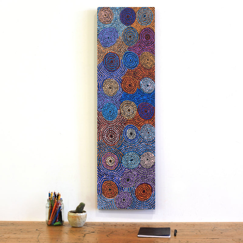 Aboriginal Artwork by Tina Napangardi Martin, Jinti-parnta Jukurrpa, 107x30cm