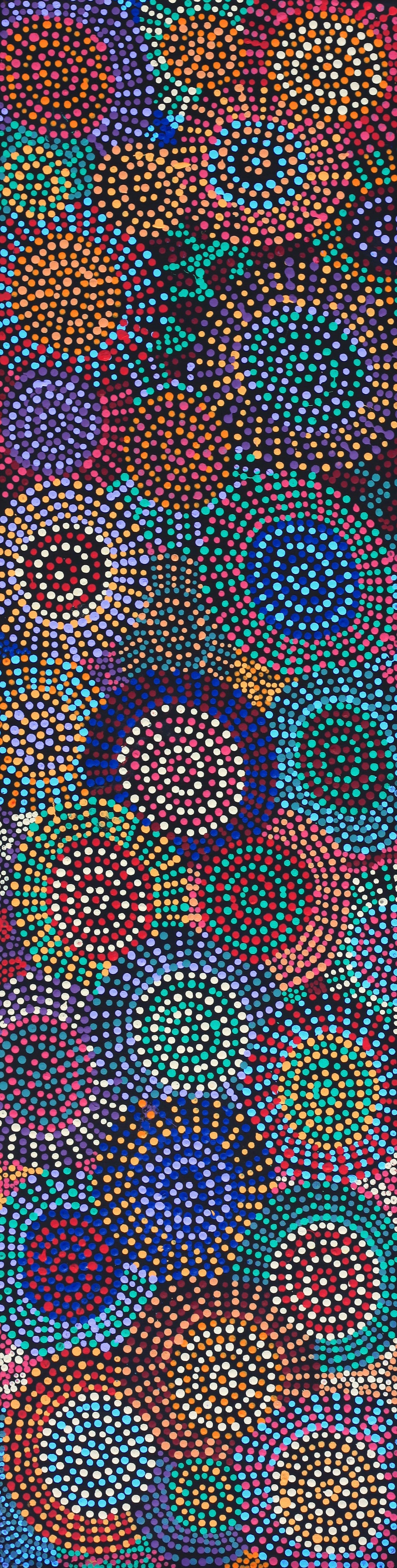 Aboriginal Artwork by Tina Napangardi Martin, Jinti-parnta Jukurrpa, 122x30cm