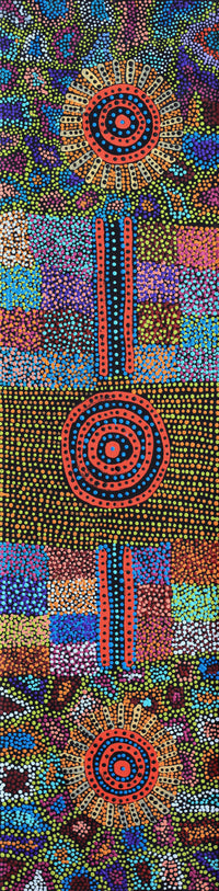 Aboriginal Artwork by Tina Napangardi Martin, Jinti-parnta Jukurrpa, 122x30cm