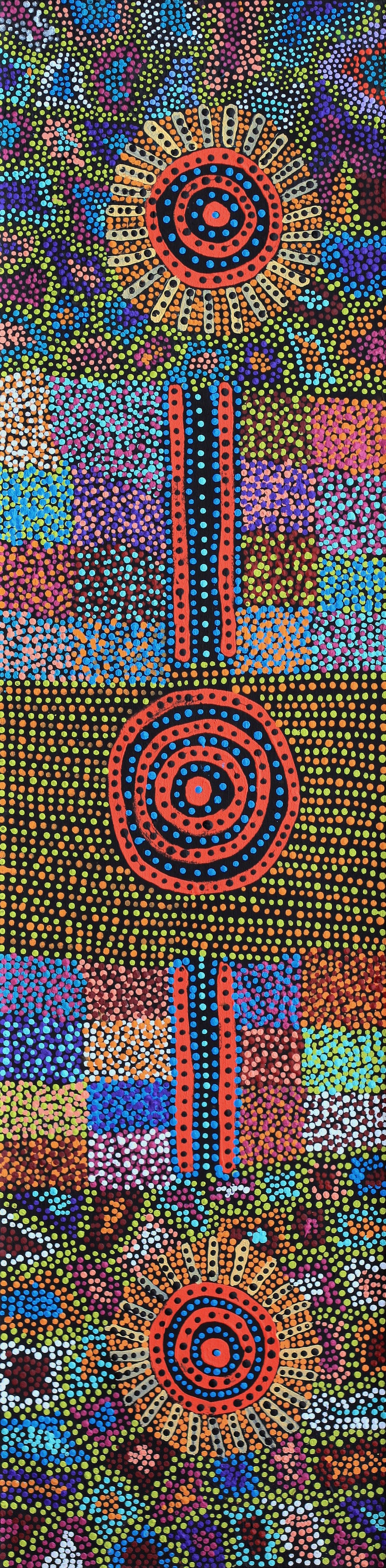 Aboriginal Artwork by Tina Napangardi Martin, Jinti-parnta Jukurrpa, 122x30cm