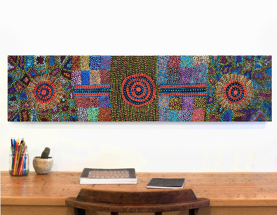 Aboriginal Artwork by Tina Napangardi Martin, Jinti-parnta Jukurrpa, 122x30cm
