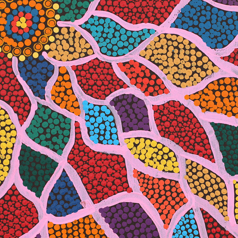Aboriginal Artwork by Valentine Nakamarra White, Lukarrara Jukurrpa (Desert Fringe-rush Seed Dreaming), 30x30cm