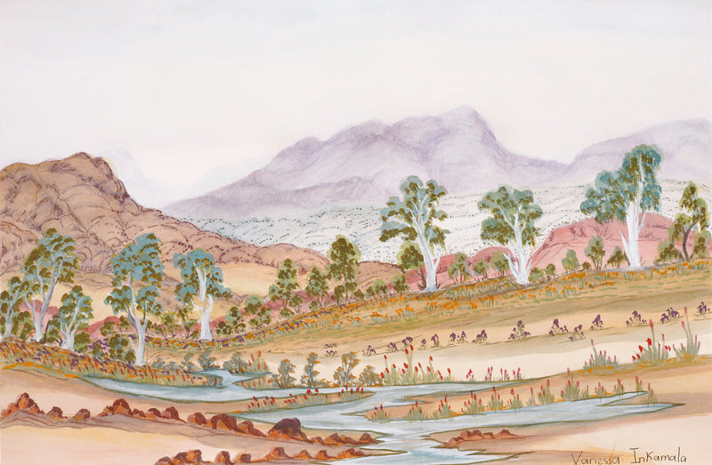 Aboriginal Artwork by Vanessa Inkamala, Tjoritja (West MacDonnell Ranges) 50.5x33cm