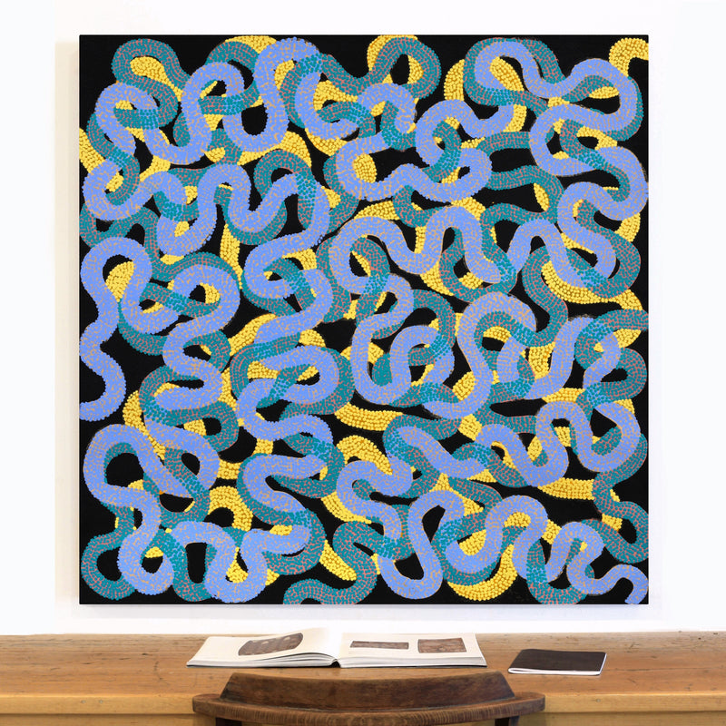 Aboriginal Artwork by Vanetta Nampijinpa Hudson, Warlukurlangu Jukurrpa (Fire country Dreaming), 122x122cm