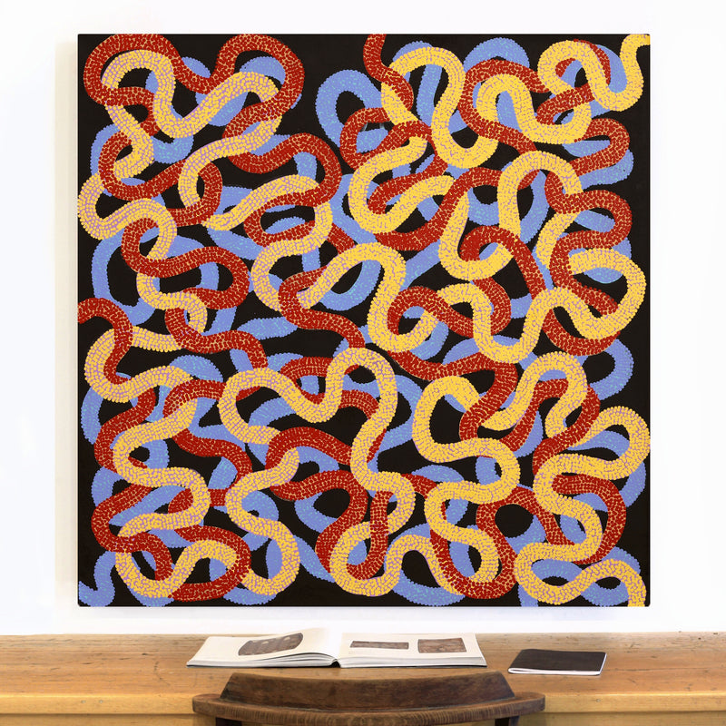 Aboriginal Artwork by Vanetta Nampijinpa Hudson, Warlukurlangu Jukurrpa (Fire country Dreaming), 122x122cm