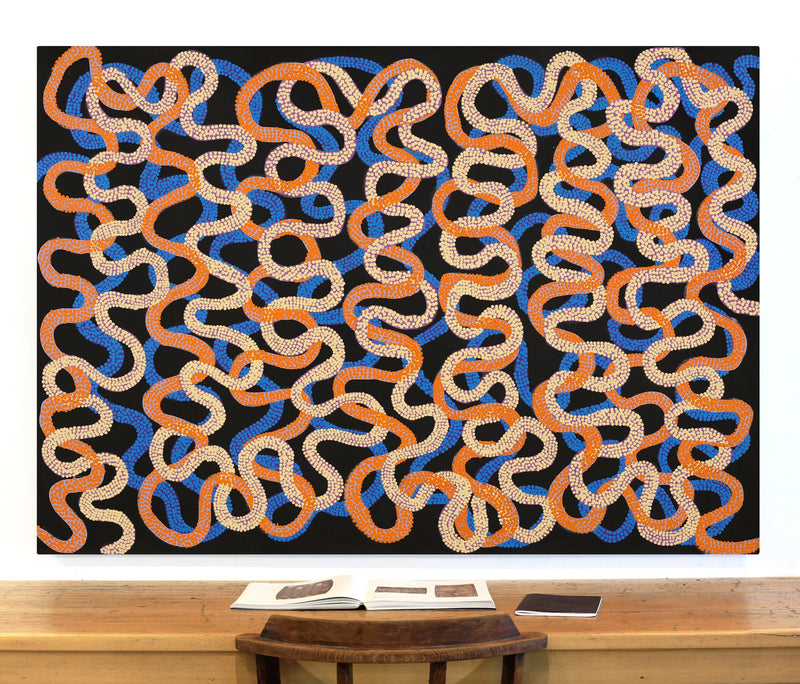 Aboriginal Artwork by Vanetta Nampijinpa Hudson, Warlukurlangu Jukurrpa (Fire country Dreaming), 152x107cm