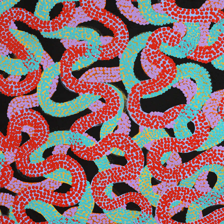 Aboriginal Artwork by Vanetta Nampijinpa Hudson, Warlukurlangu Jukurrpa (Fire country Dreaming), 152x122cm