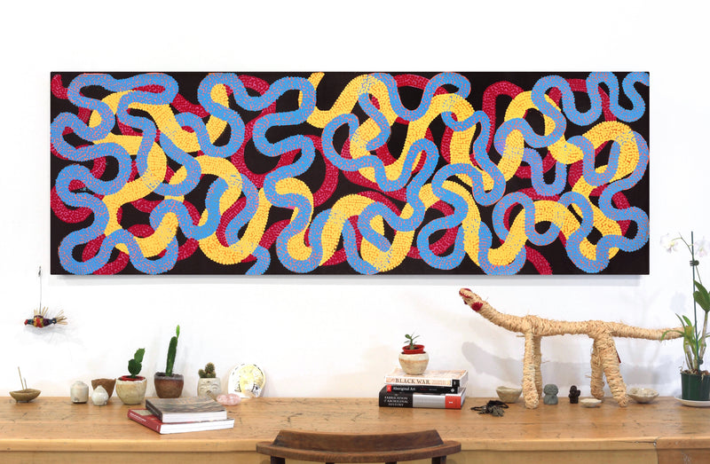 Aboriginal Artwork by Vanetta Nampijinpa Hudson, Warlukurlangu Jukurrpa (Fire country Dreaming), 183x61cm