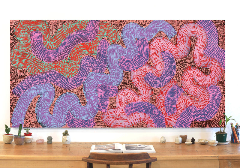 Aboriginal Artwork by Vanetta Nampijinpa Hudson, Warlukurlangu Jukurrpa (Fire country Dreaming), 183x91cm