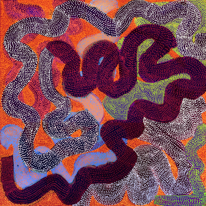 Aboriginal Artwork by Vanetta Nampijinpa Hudson, Warlukurlangu Jukurrpa (Fire country Dreaming), 122x122cm