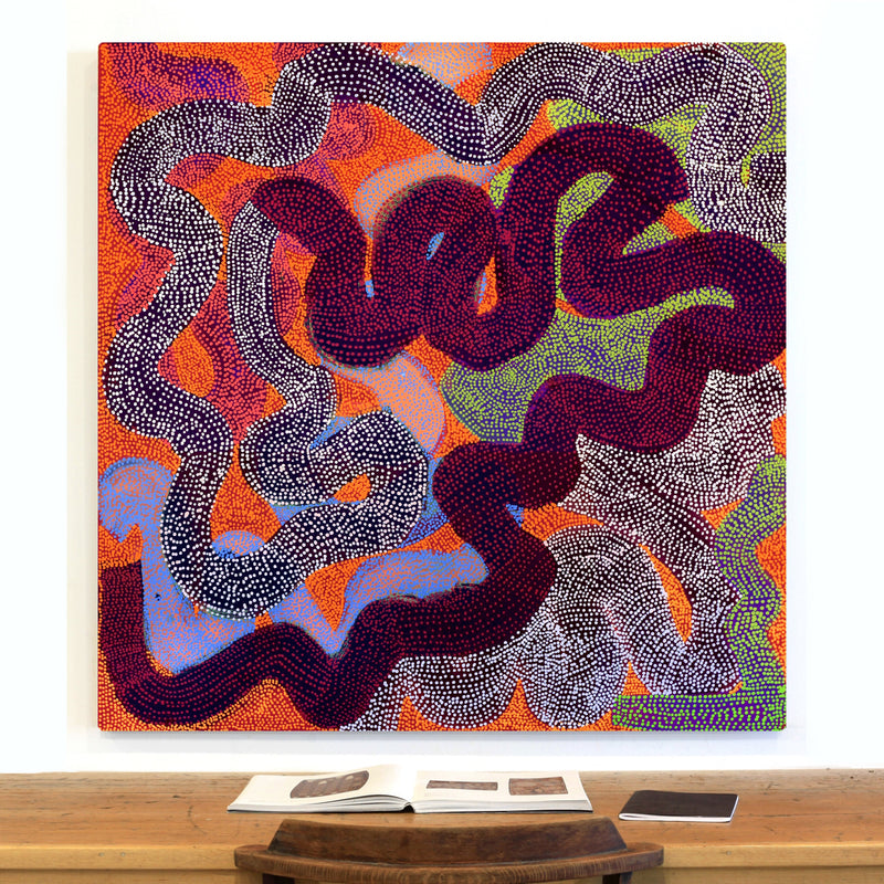 Aboriginal Artwork by Vanetta Nampijinpa Hudson, Warlukurlangu Jukurrpa (Fire country Dreaming), 122x122cm