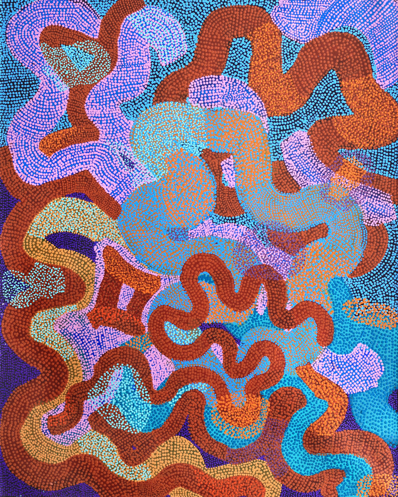 Aboriginal Artwork by Vanetta Nampijinpa Hudson, Warlukurlangu Jukurrpa (Fire country Dreaming), 152x122cm