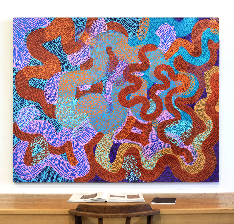 Aboriginal Artwork by Vanetta Nampijinpa Hudson, Warlukurlangu Jukurrpa (Fire country Dreaming), 152x122cm