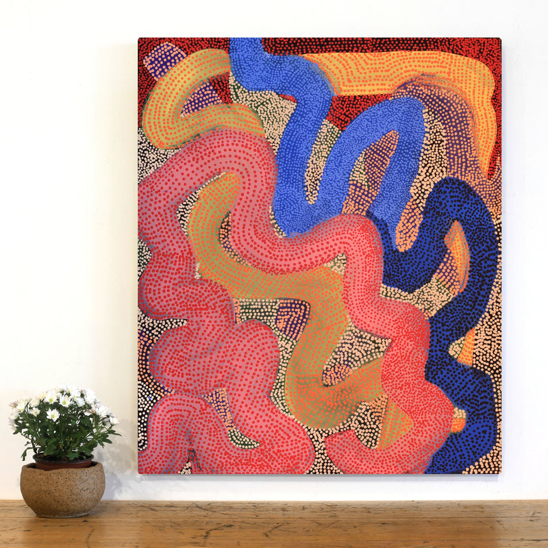 Aboriginal Artwork by Vanetta Nampijinpa Hudson, Warlukurlangu Jukurrpa (Fire country Dreaming), 91x76cm
