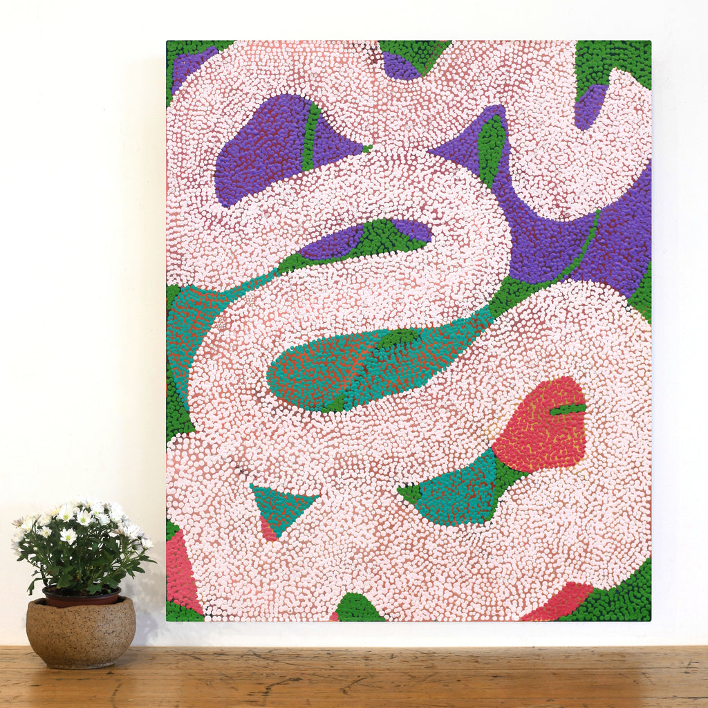 Aboriginal Artwork by Vanetta Nampijinpa Hudson, Warlukurlangu Jukurrpa (Fire country Dreaming), 91x76cm
