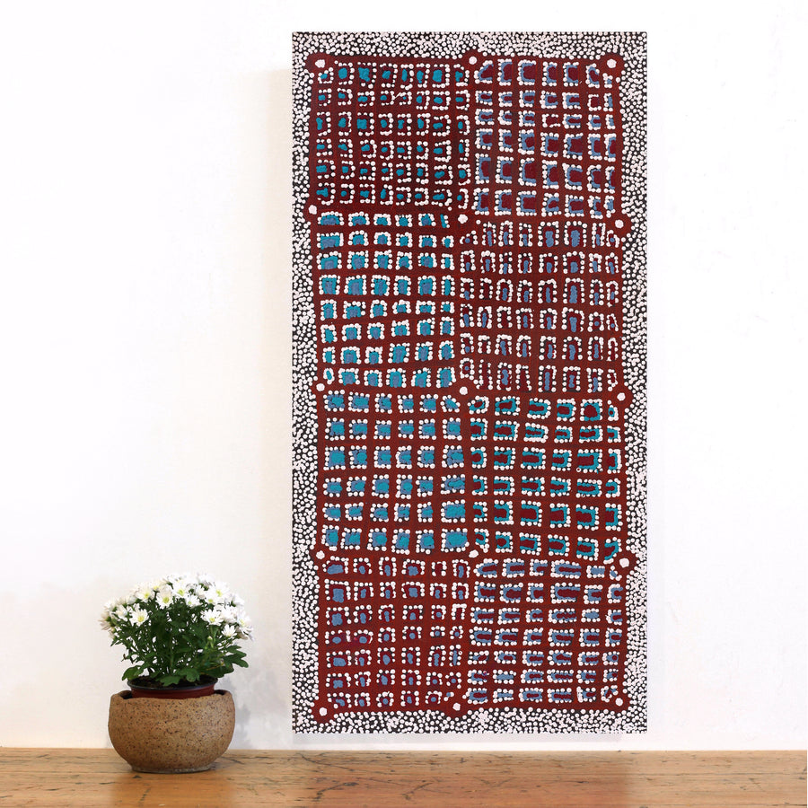 Aboriginal Artwork by Virginia Napaljarri Sims, Mina Mina Jukurrpa (Mina Mina Dreaming) - Ngalyipi, 91x46cm