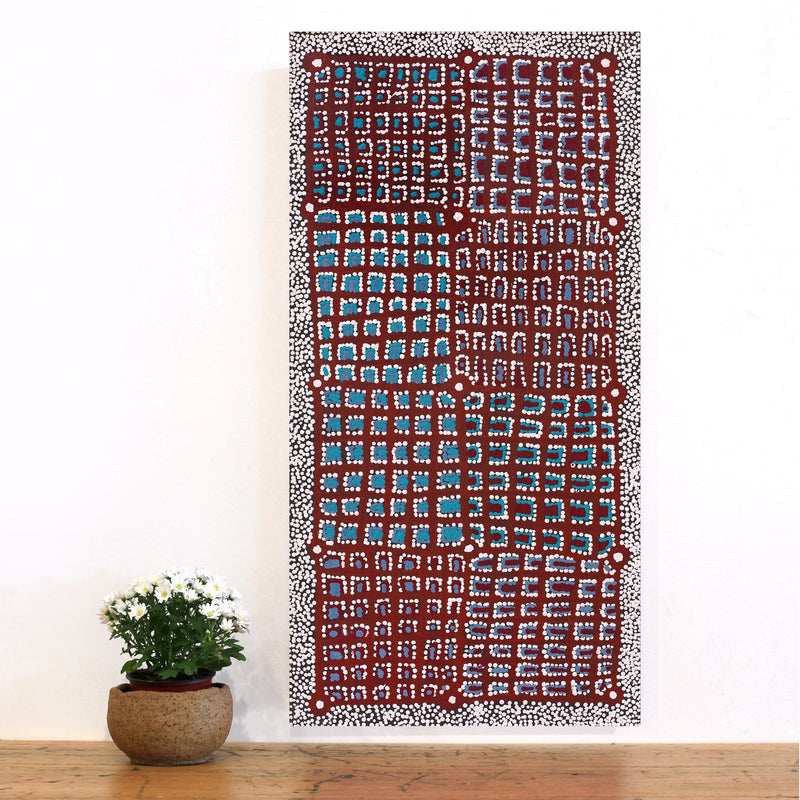 Aboriginal Artwork by Virginia Napaljarri Sims, Mina Mina Jukurrpa (Mina Mina Dreaming) - Ngalyipi, 91x46cm