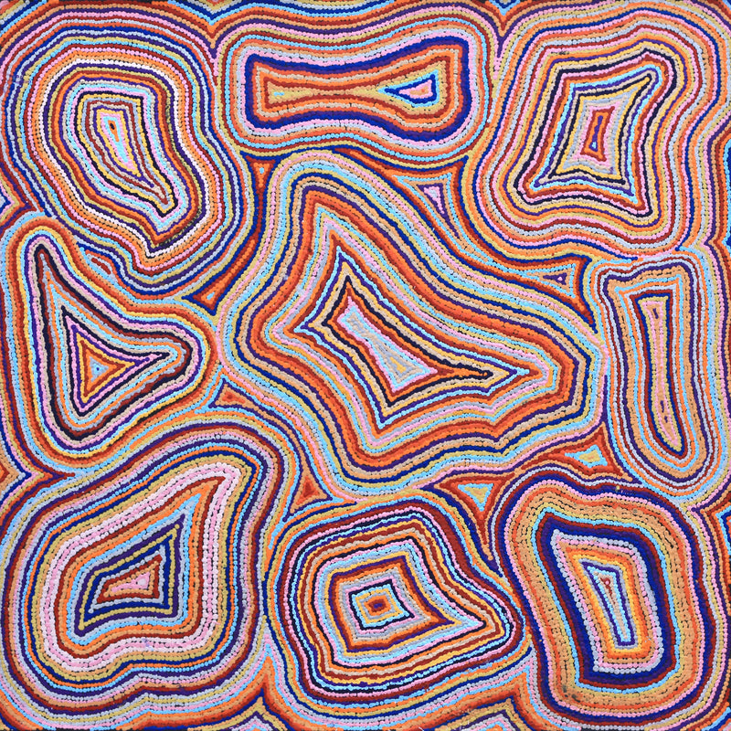 Aboriginal Artwork by Virginia Napaljarri Sims, Mina Mina Jukurrpa - Ngalyipi, 91x91cm