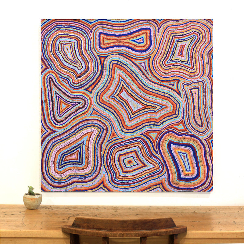 Aboriginal Artwork by Virginia Napaljarri Sims, Mina Mina Jukurrpa - Ngalyipi, 91x91cm