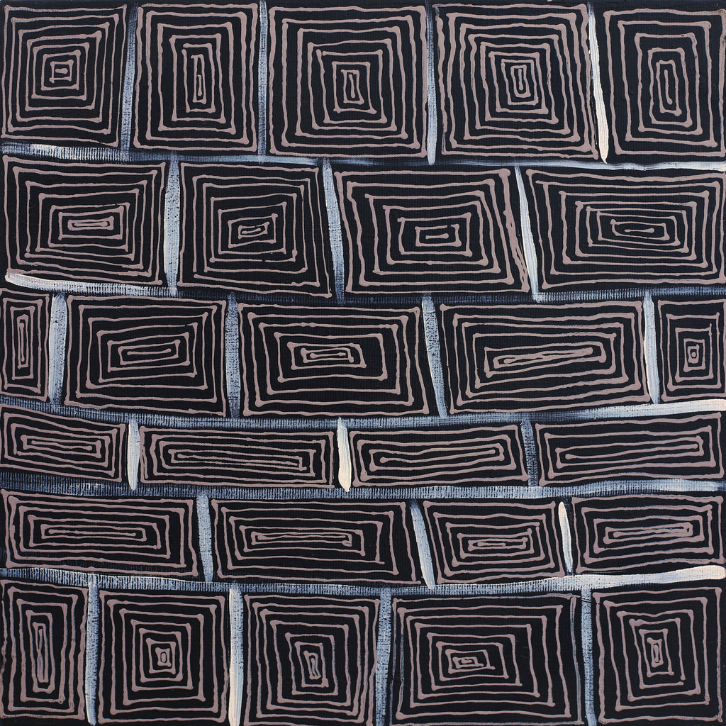 Aboriginal Artwork by Vistaria Nakamarra Ross, Lukarrara Jukurrpa (Desert Fringe-rush Seed Dreaming), 30x30cm