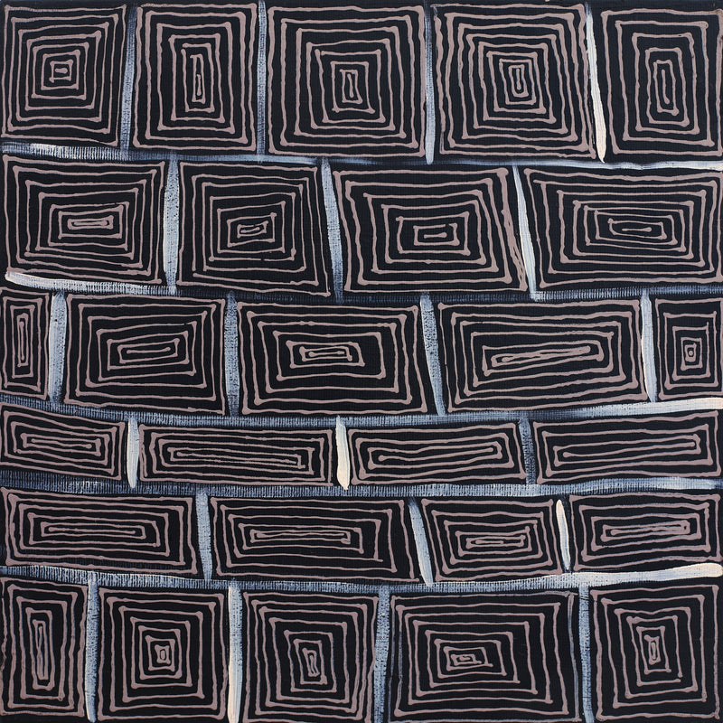 Aboriginal Artwork by Vistaria Nakamarra Ross, Lukarrara Jukurrpa (Desert Fringe-rush Seed Dreaming), 30x30cm