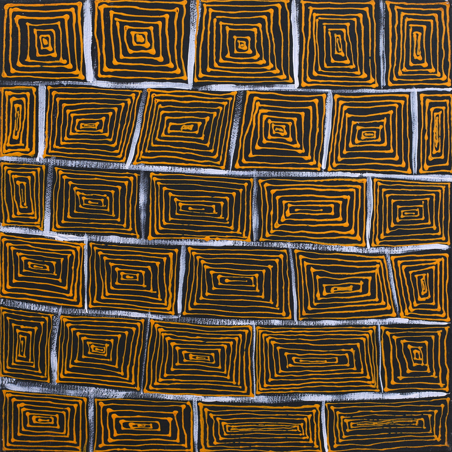 Aboriginal Artwork by Vistaria Nakamarra Ross, Lukarrara Jukurrpa (Desert Fringe-rush Seed Dreaming), 30x30cm