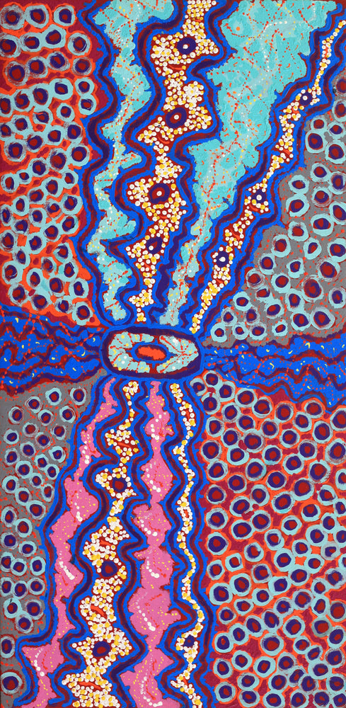 Aboriginal Artwork by Vistaria Nakamarra Ross, Ngurlu Jukurrpa (Native Seed Dreaming), 91x46cm