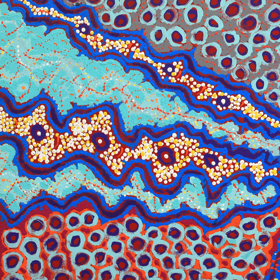 Aboriginal Artwork by Vistaria Nakamarra Ross, Ngurlu Jukurrpa (Native Seed Dreaming), 91x46cm